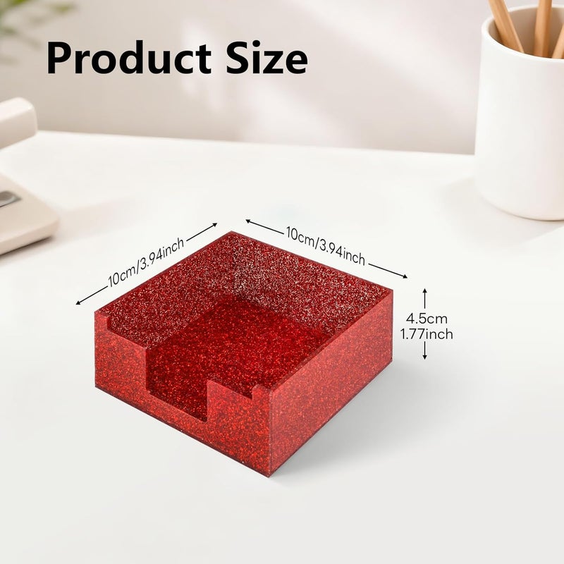 Luminzo Red Sparkling Sticky Note Holder, Glitter Acrylic Organizer, 3.94 x 3.94 in Multi-Use Tray for Office, School & Home Desk - Image 2